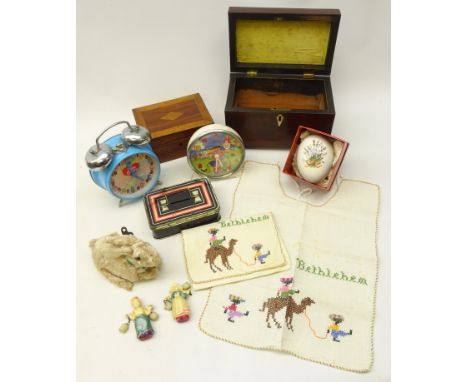 Vintage plush clockwork rabbit, 1970s Timecal Noddy alarm clock, Chad Valley tin money box, 19th century mahogany tea caddy e