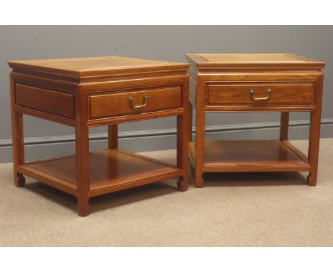 Pair Chinese rosewood lamp tables fitted with single drawers, square supports joined by an under tier, W56cm, H56cm, D56cm