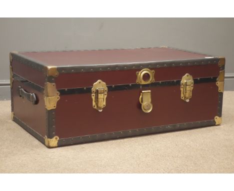 Early 20th century metal bound trunk, hinged lid with clasps and lock, fitted interior, W91cm, H35cm, D53cm Condition Report 