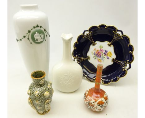 Karl Ens vase with applied trailing leafage and circular relief plaque, Royal Copenhagen decanter, lacking stopper, Kutani bo