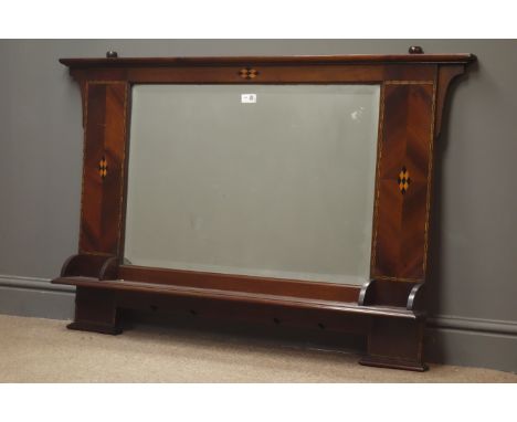 Early 20th century inlaid mahogany bevel edge mirror, projecting cornice, moulded shelf, W123cm, H77cm Condition Report Click