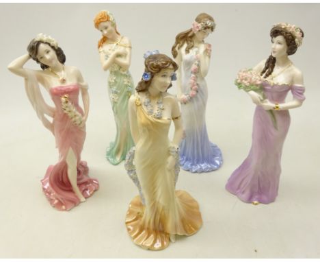 Set of four limited edition Coalport figures Topaz, Emerald, Sapphire and Ruby and 'Lily' from the Flowers of Love Collection