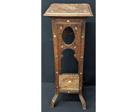 A Syrian pot stand, two tier, inlaid with mother of pearl