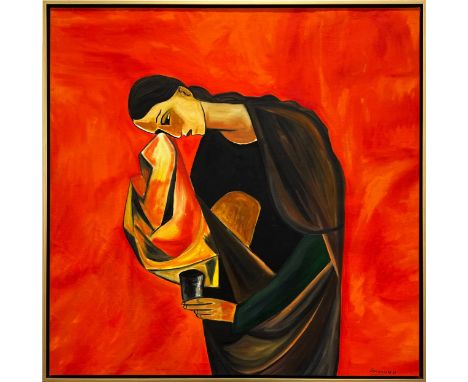 MANNER OF OSWALDO GUAYASAMIN (Ecuador 1919-1999), 'Portrait of a lady', oil on canvas, signed 'Guayasamin', 94cm x 94cm, fram
