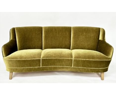 SWEDISH SOFA, 1950s moss green velvet velour with shaped front and cord piping, 179cm W.