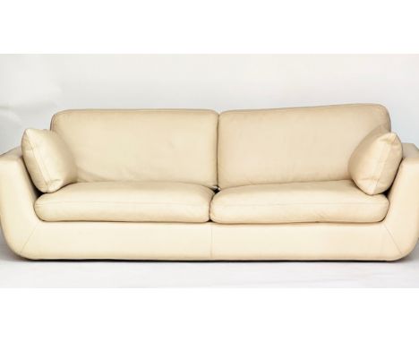 ROCH BOBOIS SOFA, three seater light brown grained natural leather with cushions, 235cm W.