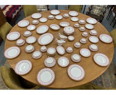 SPODE FLEUR DE LYS RED DINNER SERVICE, comprising dinner plates, side plates, soup bowls, gravy boats, serving dishes etc.