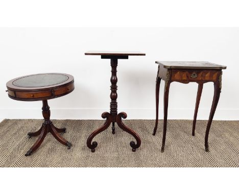 A 19TH CENTURY ROSEWOOD AND MARQUETRY INLAID SIDE TABLE, plus a small drum table and a mahogany tilt top occasional pedestal 