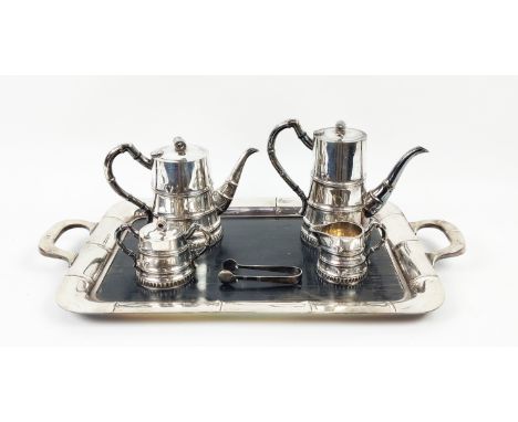 STERLING SILVER TEA/COFFEE SERVICE, bamboo design with matching wooden base tray, approx 50 oz weighable silver.
