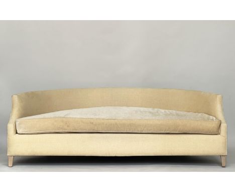 SOFA, contemporary curved back with yellow chenille and cotton twill upholstery, 198cm W.