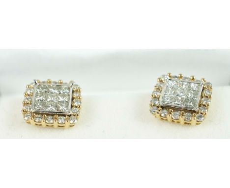 A PAIR OF DIAMOND STUD EARRINGS, each set with nine princess-cut diamonds to centres with sixteen round brilliant cut diamond