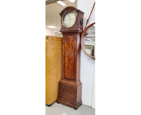 LONGCASE CLOCK, Regency mahogany 'Thos Saunders, 258 Whitechapel Road, London, silvered dial, hours and seconds, 205cm H x 50