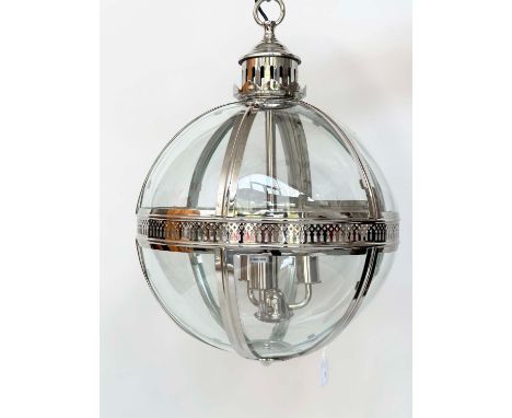 HALL LANTERN, large sphere form chrome and glass, three light with pierced centre moulding (top of chain), 88cm H.
