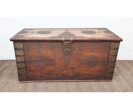 ZANZIBAR TRUNK, teak with brass studded decoration, 63cm H x 130cm W x 63cm D.
