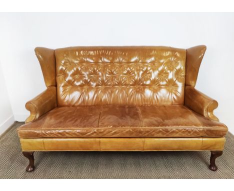 WING SOFA, Georgian style, tan leather, 105cm H x 182cm W.