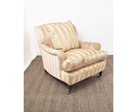 GEORGE SMITH ARMCHAIR, with peach and gold striped upholstery, 82cm H x 78cm W x 100cm D.