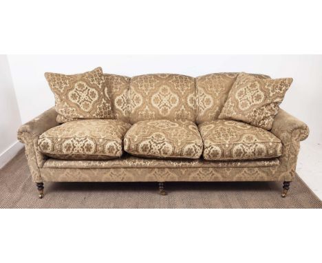 GEORGE SMITH SOFA, with floral pattern gold upholstery on turned supports, 82cm H x 216cm W x 105cm D.