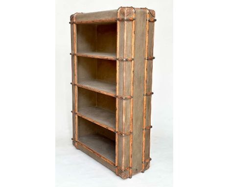 OPEN BOOKCASE, in the form of a 19th century steamer trunk, canvas and ash bound with four tiers, 111cm W x 41cm D x 183cm H.