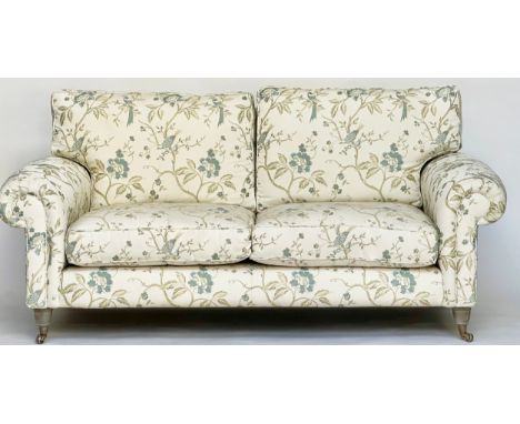 COUNTRY HOUSE SOFA, Country House style with 'birds of paradise' printed foliate upholstery with scroll arms and turned suppo