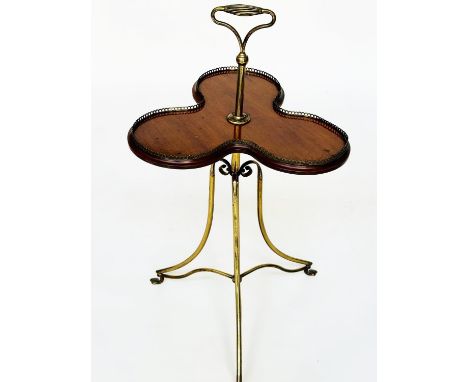 TEA STAND, Victorian mahogany and gilt metal with trefoil galleried rising shelf, handle and triform scroll support, 86cm H x