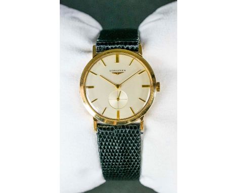 LONGINES 9CT GOLD WRISTWATCH, 1959, 34mm (including crown), black lizard strap by "Joseph Bonnie". Supplied in a Longines wat
