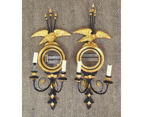 BEAUMONT AND FLETCHER TRAFALGAR WALL LIGHTS, a pair, Regency style each with circular mirror and eagle and arrow crest, 95cm 