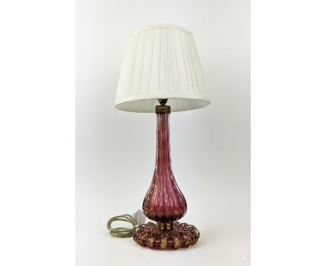 BAROVIER AND TOSO STYLE MURANO LAMP, ruby red with gold inclusions and silk pleated shade, 55cm H.