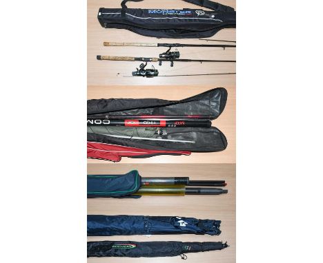 An Assortment of Coarse Fishing Tackle to include MAP poles, reels by Shimano, Mitchell and Roger Surgey, a box seat, three b