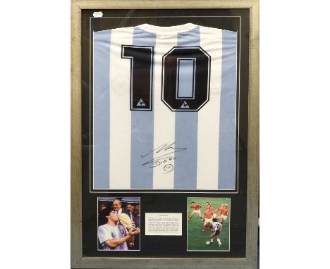 Maradona Signed Football Shirt Argentinian no.10 shirt signed to back with 'Diego 10', framed with two photographs, with Supe