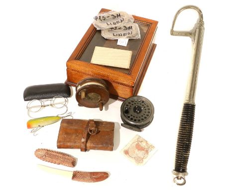 A Glazed Wooden Display Case containing a 13" long nickel silver gaff with turned wooden handle and extending to 31" along wi