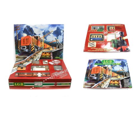 LGB Two Sets 78302 Starter Set with 0-4-0T LGB 2 locomotive and two passenger coaches and 21990 Construction Train with 0-4-0
