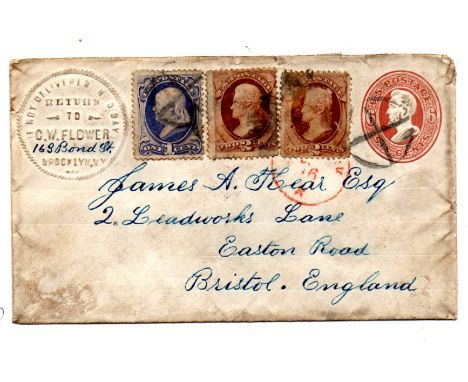 USA 1872 commercially used pre franked cover (6c Lincoln) (hand cancelled) upgraded with 3 adhesives, sent by a firm in Brook