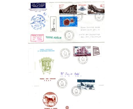 French Antartic cvrs 1983 Dog Sled FDC; 1985 Gauss FDC; 1987 commercial cvr cat £47