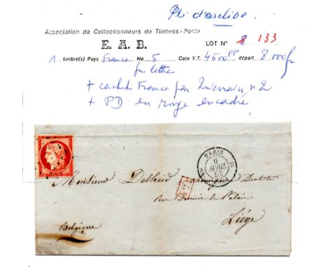 France 1852 entire franked Ceres imperf 40c orange(Mi5),4 large margins, cancelled by light ‘pointile’ strike, posted to lieg