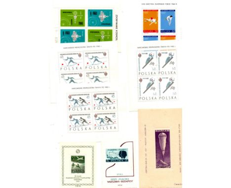 Poland 1937-1964. array of min sheets on stockleaf:1938 Balloon(m),1554 Air,1956 Chopin,1962 Sports Keinbogen sheetlets (3),1