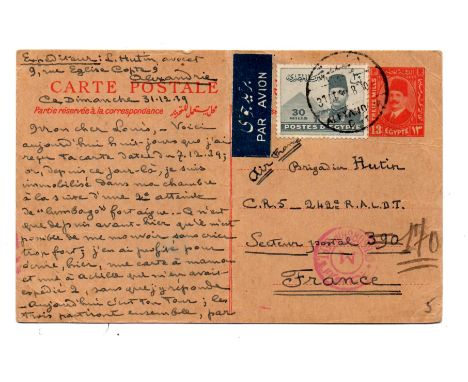 Egypt 31 Dec 1939 censored postal stationery, upgraded, and flown from Alexandria to France, addressed to a Fr Brigadier (Hut