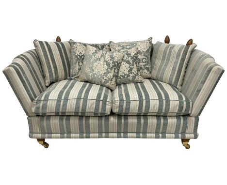David Gundry - Knole design drop-end two-seat sofa, upholstered in blue and light grey striped fabric with scatter cushions, 
