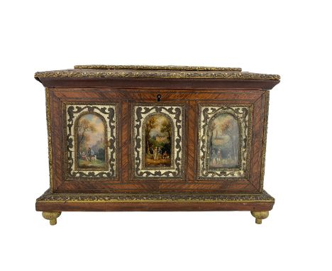 Mid-19th century kingwood casket, by Alphonse Giroux & Co, the hinged cover and sides  inlaid with brass marquetry panels of 