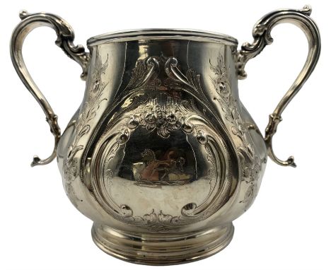 Victorian silver twin-handled sucrier, embossed with scrolls and foliage and a cartouche to either side engraved with family 