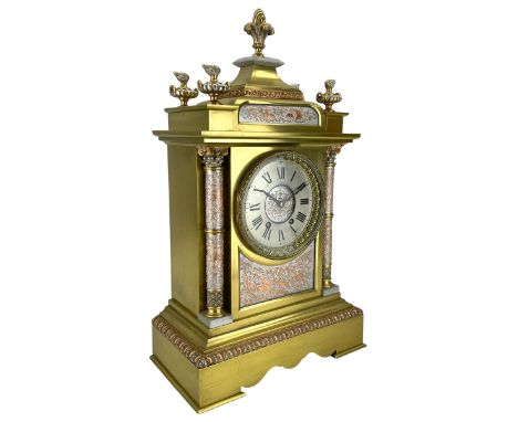 French - late 19th century 8-day brass cased mantle clock, with a tiered pediment surmounted by a central finial with mounted