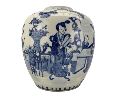 19th century Chinese blue and white ovoid form jar, the body painted with a continuous scene of four ladies and boys on a ter