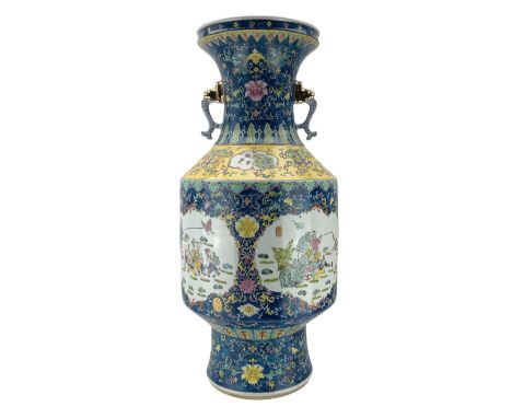 20th century Chinese twin handled floor vase, the cylindrical form body painted with alternating panels of figures and childr