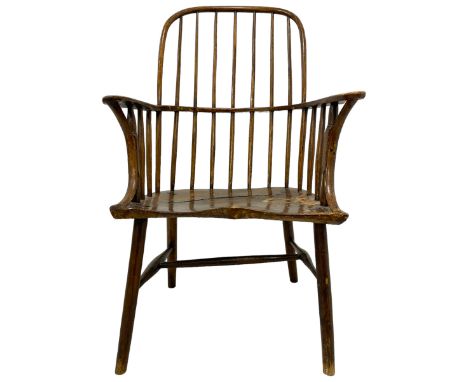 Early 19th century primitive elm and beech Windsor chair, high hoop and stick back over shaped dished saddle seat, raised on 