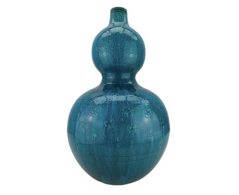  Burmantofts Faience turquoise-glaze vase, of double gourd form, the body incised with flowerheads and floral sprigs, within 