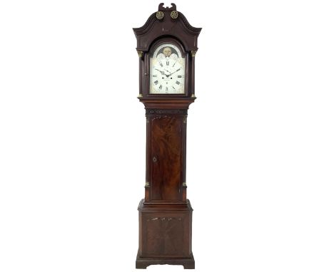 W. Phillips of Bromyard - 8-day mahogany longcase with a painted moon roller dial, c 1790,swans neck pediment with dog tooth 