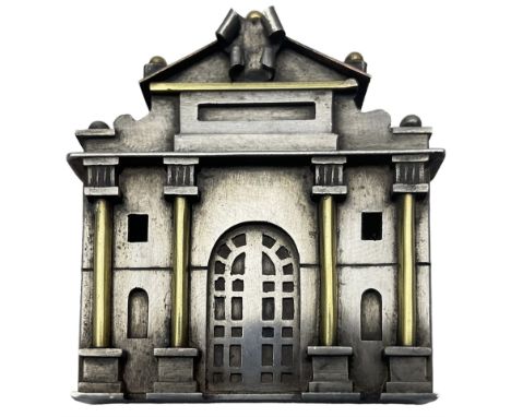 Vicki Ambery-Smith (British 1955-): Silver and yellow metal architectural brooch depicting Burlington House, with arched door