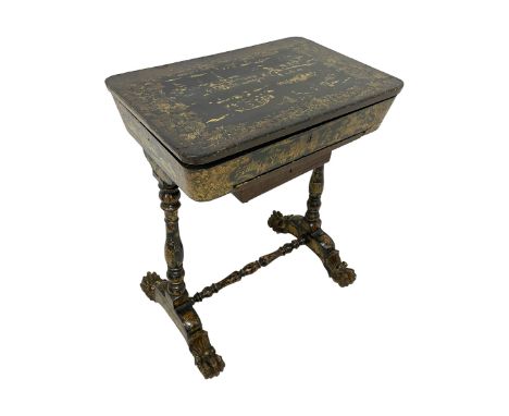 Early 19th century Chinoiserie work or sewing table, rectangular lid decorated with traditional figural and landscape scene w