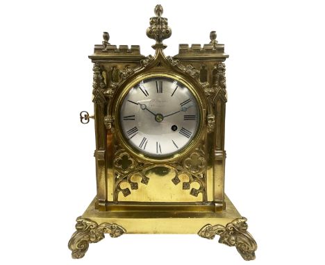 John  Knight Saunders of Warminster - mid nineteenth century 8-day fusee bracket clock in a brass gothic inspired case decora