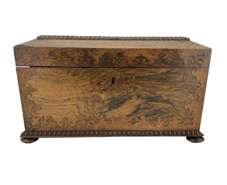 Mid Victorian rosewood and burr walnut marquetry inlaid tea caddy, of sarcophagus form with moulded borders and one ring hand