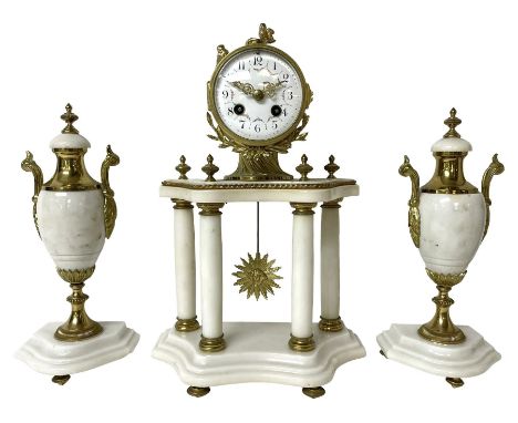 French - Early 20th century white marble and gilt-metal striking portico mantel clock and garniture, circa 1910, with four fr